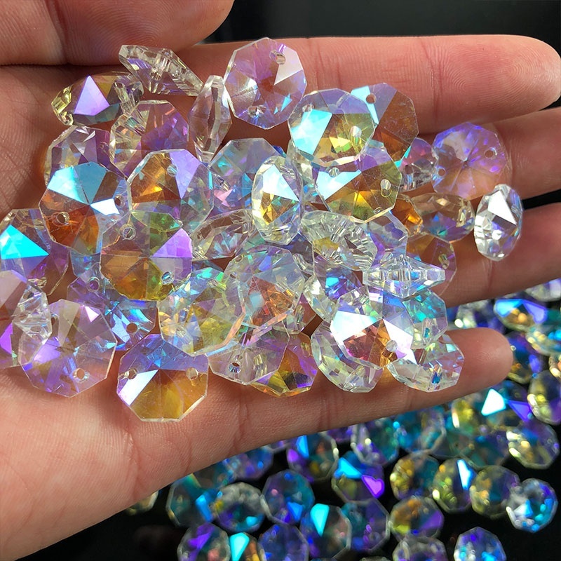 10PCS Aurora แก้วคริสตัลแปดเหลี่ยมลูกปัด Prism Garland Strand โคมระย้า CHAIN Part Rainbow Suncatcher ผ้าม่าน DIY เครื่องประดับทํา