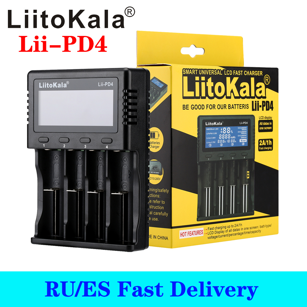 LiitoKala Lii-PD4 Caricabatteria LCD per 18650 26650 21700 18350 AA AAA 3.7V/3.2V/1.2V/1.5V batteria al litio NiMH 18650 caricabatterie