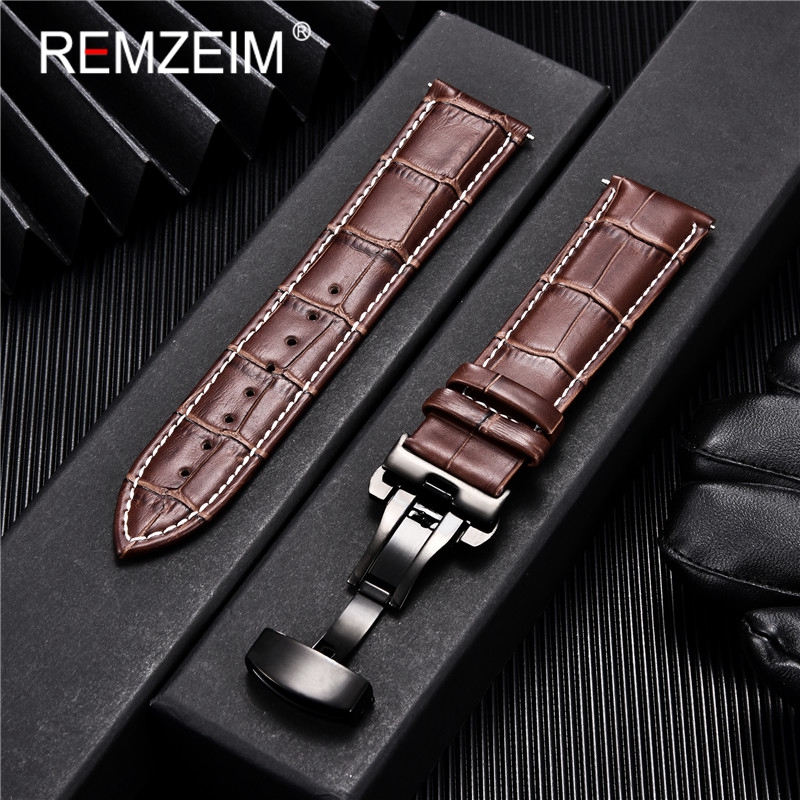 Remzeim pulseira de couro pulseira 18/20/22/24mm couro de bezerro pulseira de relógio fivela de aço inoxidável acessórios de relógio preto marrom