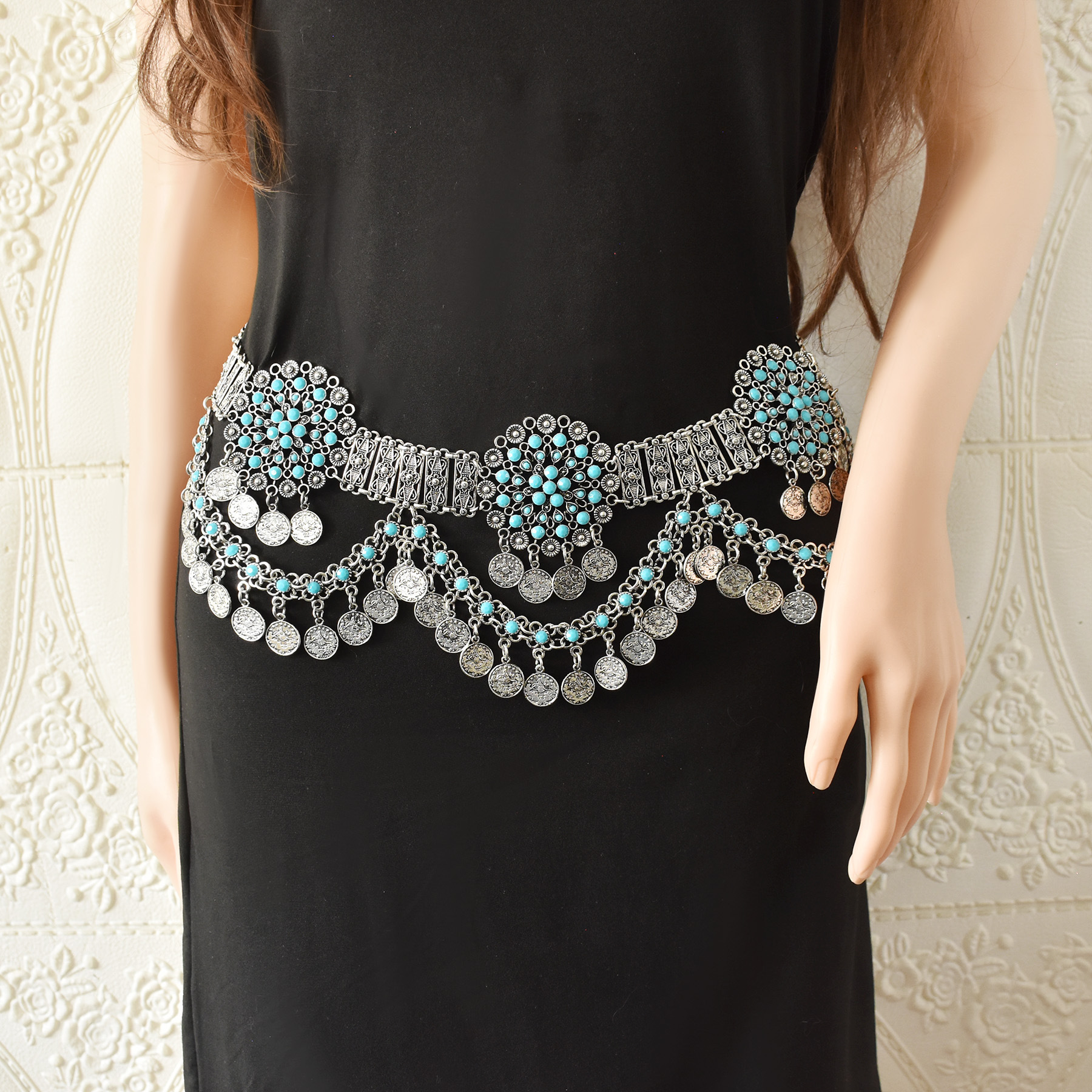 Catene di pancia della vita del fiore del metallo di colore d'argento dell'annata della turchia per le donne Boho Coin Long nappa BIkini Dance Dress Belt Body Chain