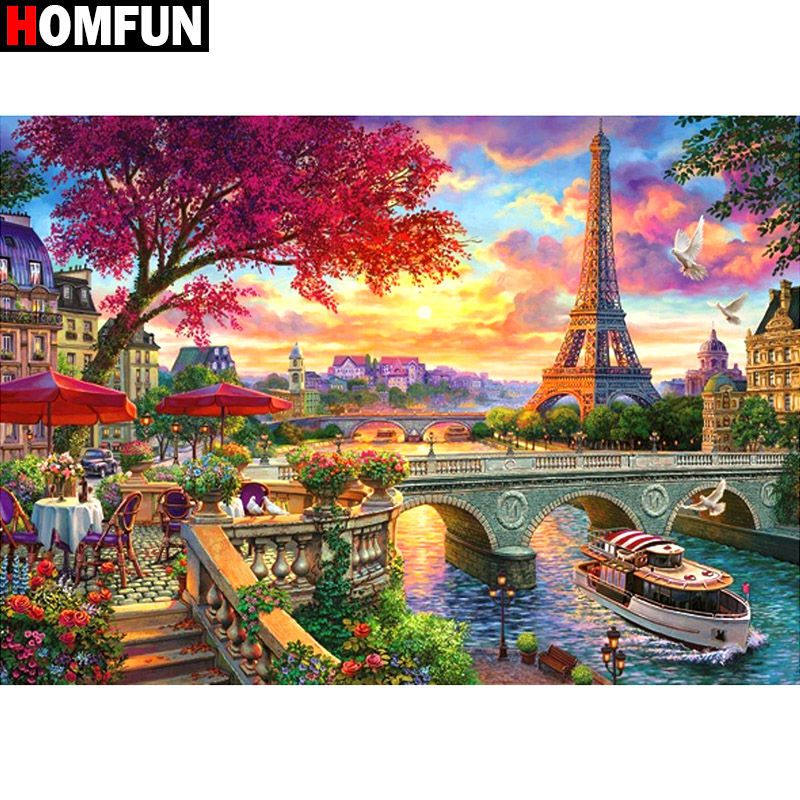 HOMFUN-pintura de diamante redondo/cuadrado completa, cuadro artesanal 5D, "paisaje de París", bordado 3D, punto de cruz, regalo de decoración del hogar 5D