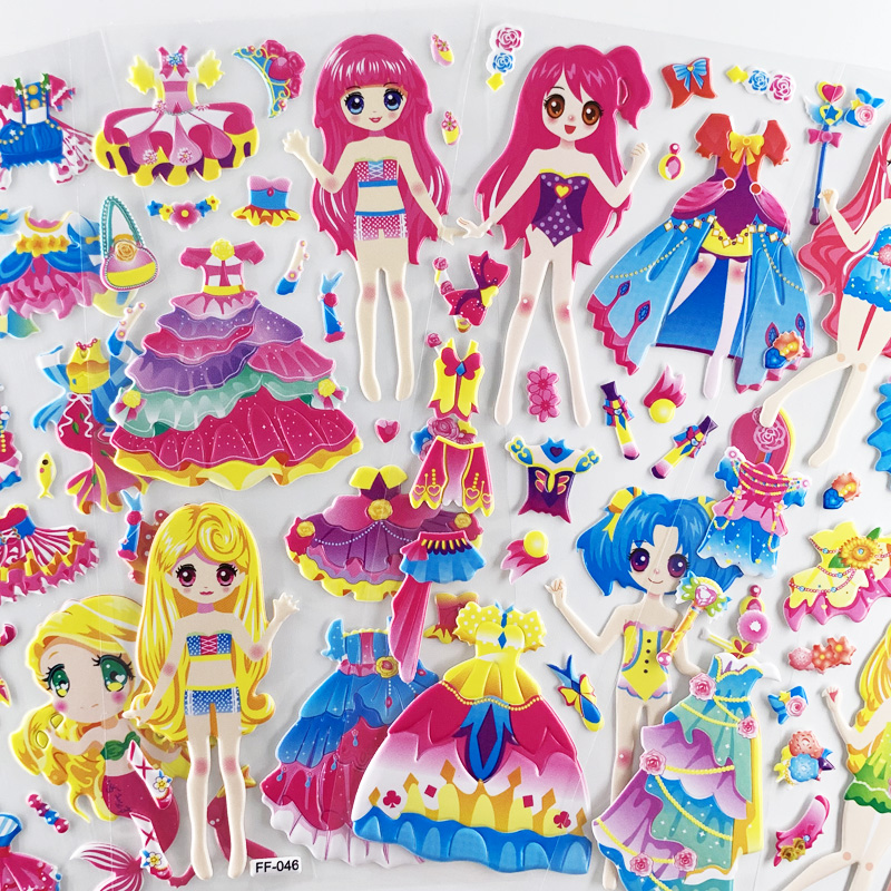 Autocollants de dessin animé à motif de fille, étiquette autocollante 3D à bulles bouffantes pour carnet de notes pour enfants, cadeau pour filles, 4 feuilles/ensemble