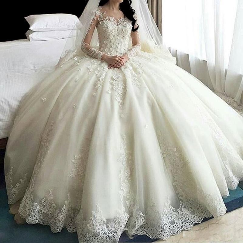 Heißer Verkauf Dubai Kristall Blumen Ballkleid Hochzeit Kleider 2020 Neue Langarm Muslimischen Spitze Appliques Brautkleider Braut Kleid
