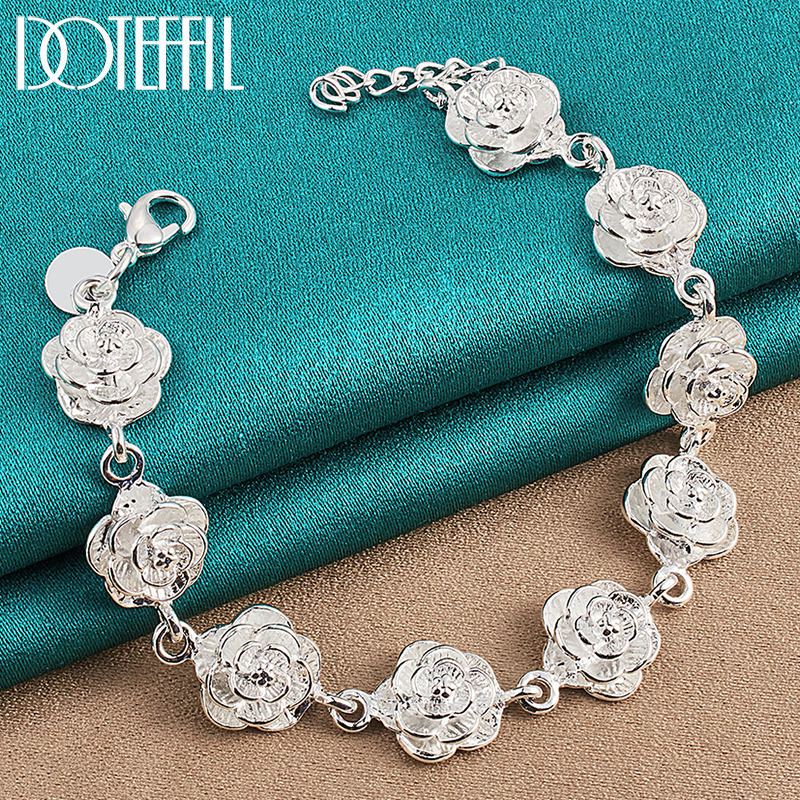 DOTEFFIL 925 sterling zilveren volledige roos bloem ketting armband voor vrouwen bruiloft verlovingsfeest mode charme sieraden