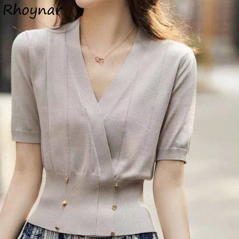Blouses Vrouwen Zomer Effen Eenvoudige 2 Kleuren Elegante V-hals Slanke Kantoor Dame Tops Kleding Ontwerp Nieuwe Aankomst Zachte Ulzzang Chic