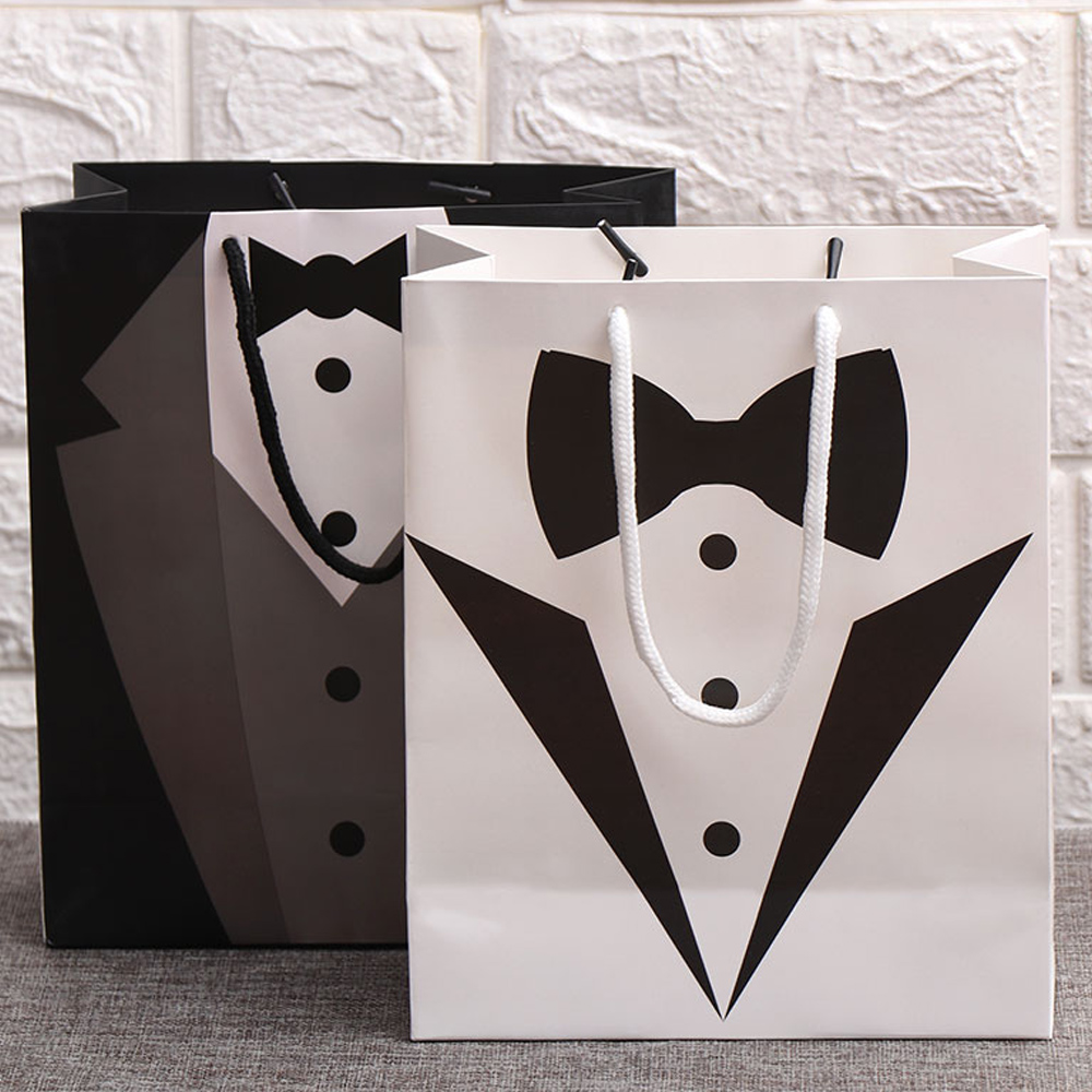 Papier Smoking Groomsmen Danke Geschenk Taschen Schwarz Weiß Hochzeit Braut Party DIY Bevorzugung Brautjungfer Groomsmen Geschenk Taschen Liefert