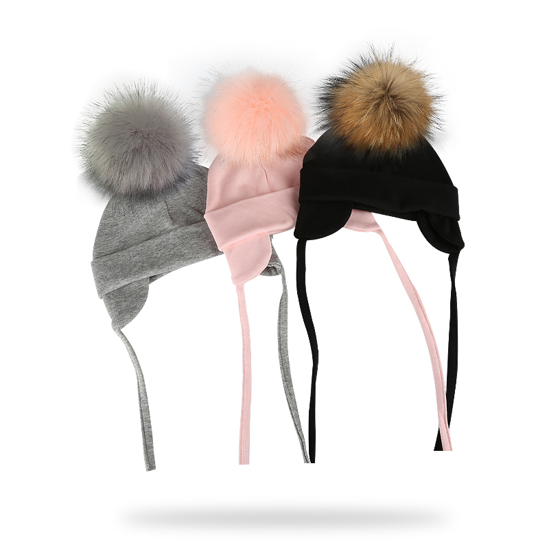 Gorros de orejeras de algodón con pompón de piel sintética para niño y niña, gorros para bebé recién nacido, gorros de Beaine, gorro de niña, gorros para niños, Otoño e Invierno
