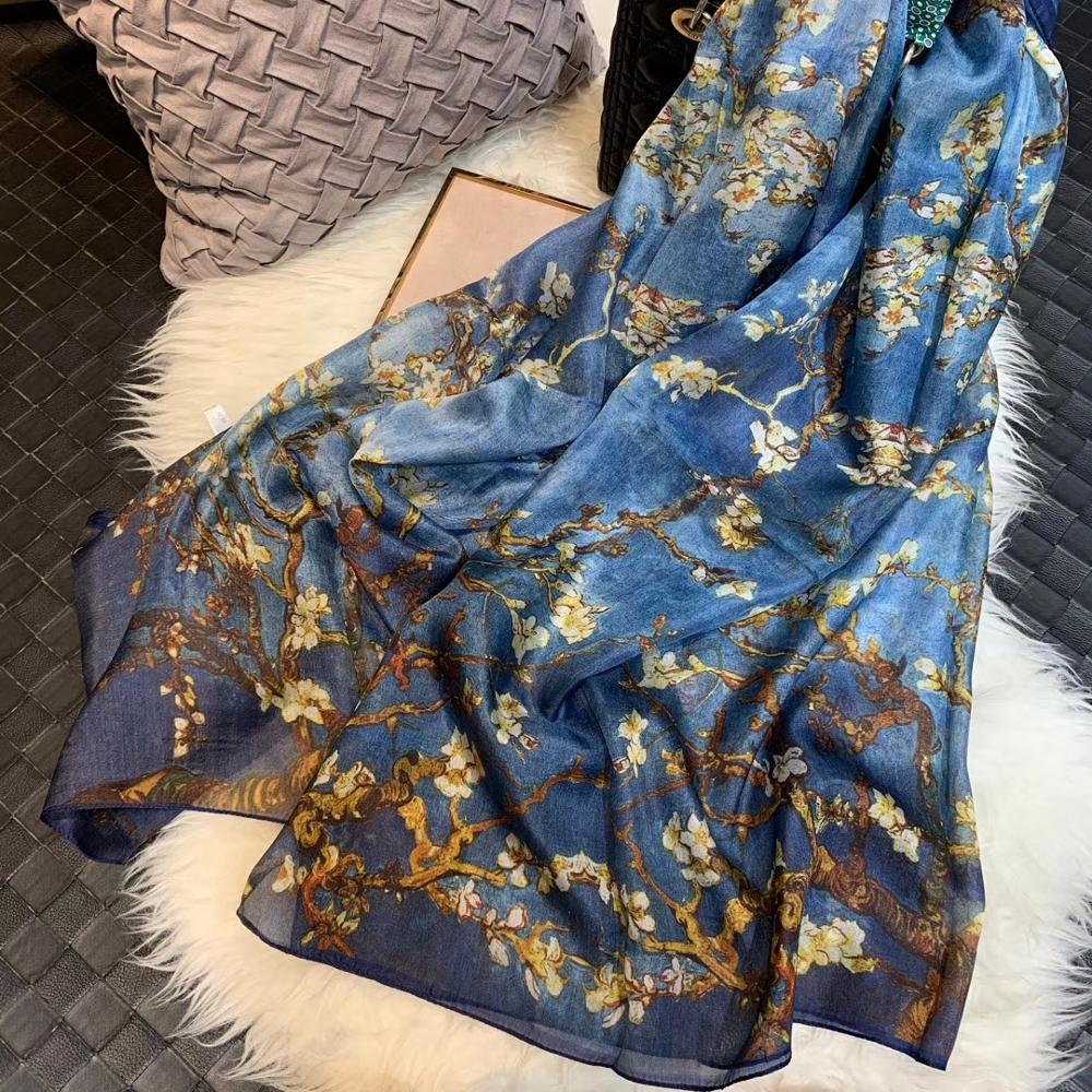 [BYSIFA] Ultralarge ฤดูใบไม้ผลิฤดูใบไม้ร่วงผ้าไหมผ้าพันคอหญิงยาวผ้าพันคอ Cape แฟชั่นออกแบบใหม่รูปแบบลูกไม้สีฟ้าผ้าพันคอผ้าไหม