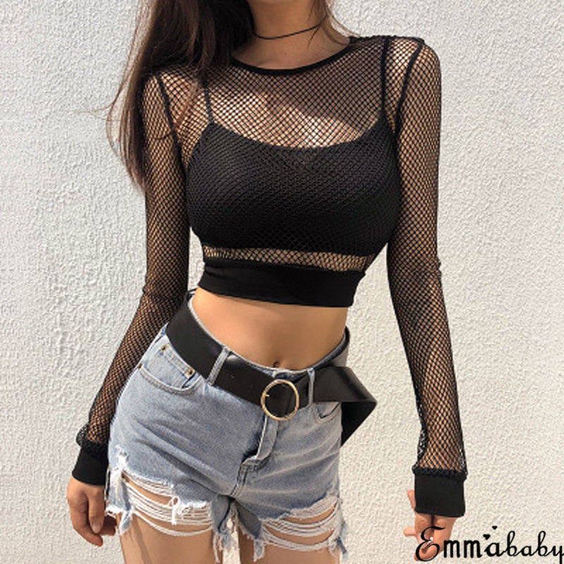 เซ็กซี่สีดำHollow Outตาข่ายหญิงSkinny Crop Topใหม่แฟชั่นฤดูร้อนBasic Topsสำหรับผู้หญิงFishnetเสื้อ
