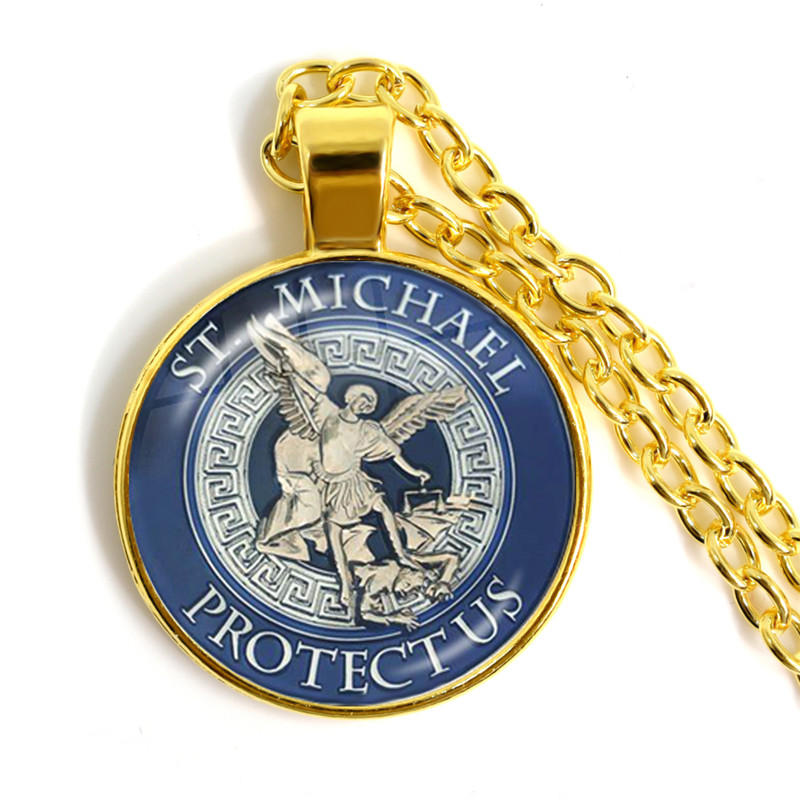 1Pcs 25Mm Kaca Cabochon Kalung Archangel St.Michael Melindungi Aku Saint Perlindungan Perisai Pesona Rusia Orhodox Liontin Perhiasan