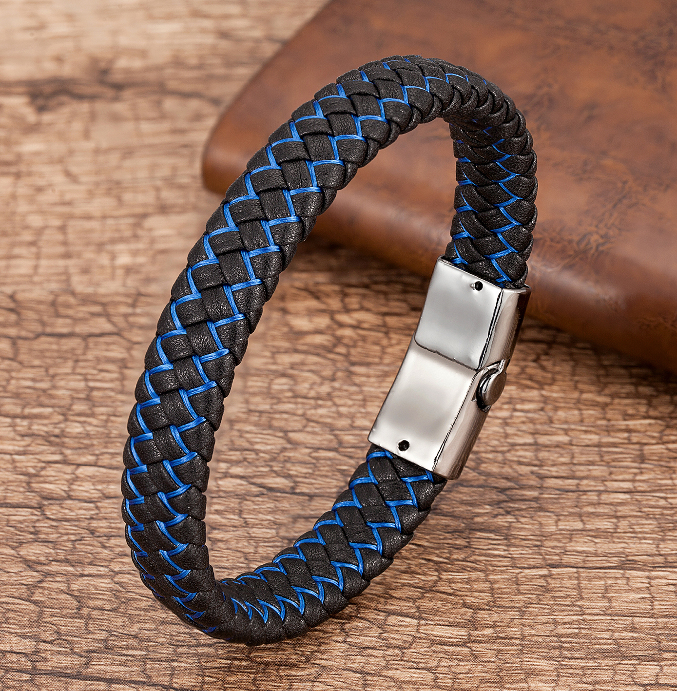 Gelang Kulit Asli Mode Gelang Tali Kepang Hitam Pria untuk Pria Gelang Jepit Magnet Logam Grosir Perhiasan
