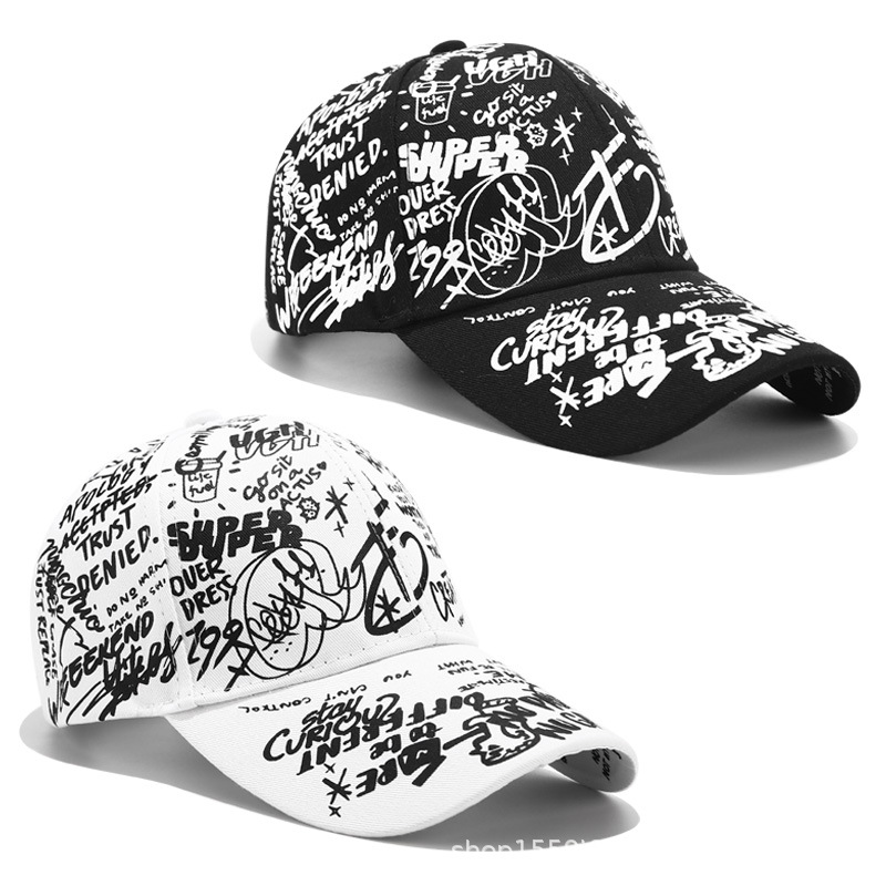 Topi bisbol kepribadian grafiti pria dan wanita, tutup kepala matahari pinggiran melengkung warna hitam netral kasual versi Korea
