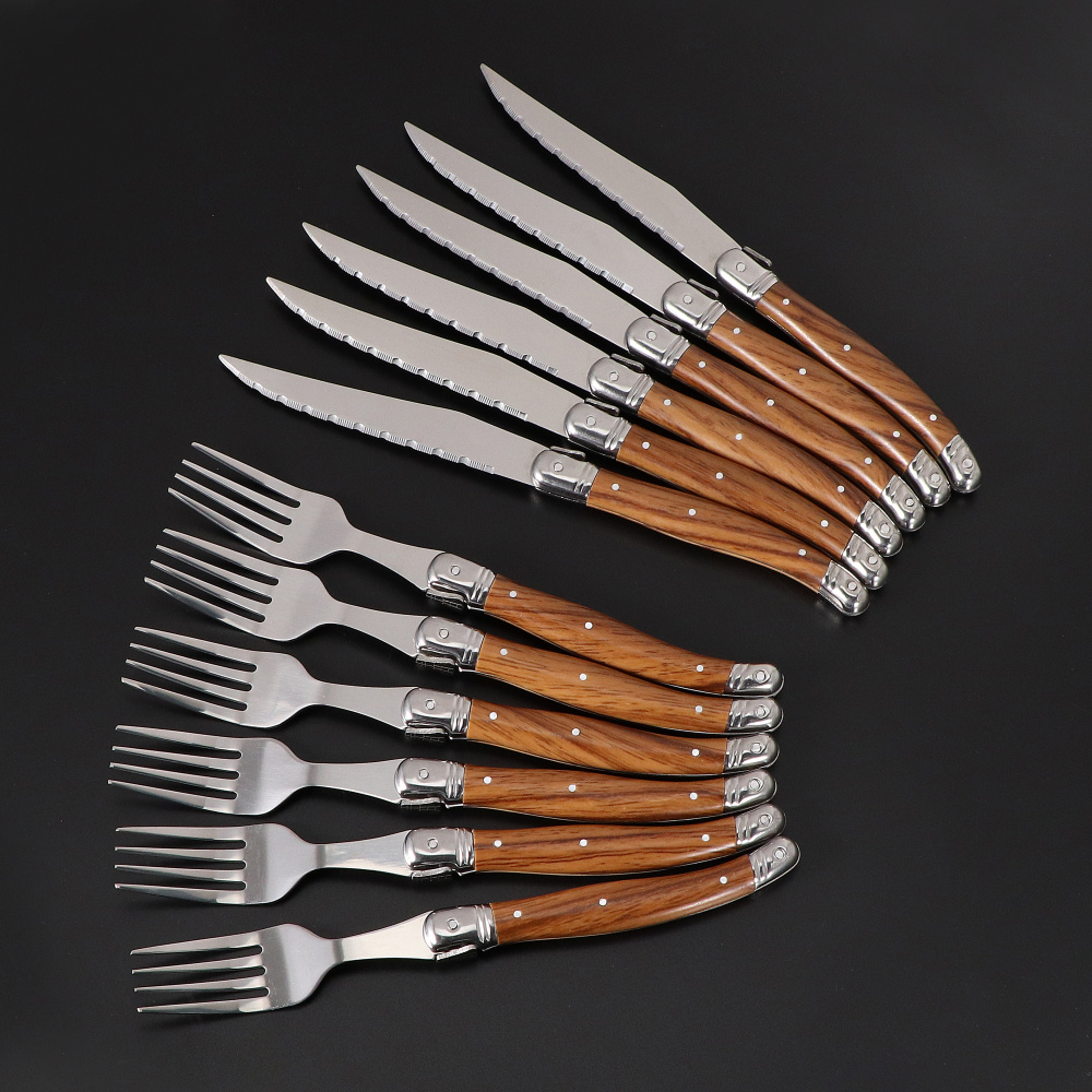 Jaswehome 6-teiliges Steakmesser mit Holzgriff, Gabelsammlung, westliches Essen, Messer- und Gabel-Set, Besteckutensilien aus Edelstahl