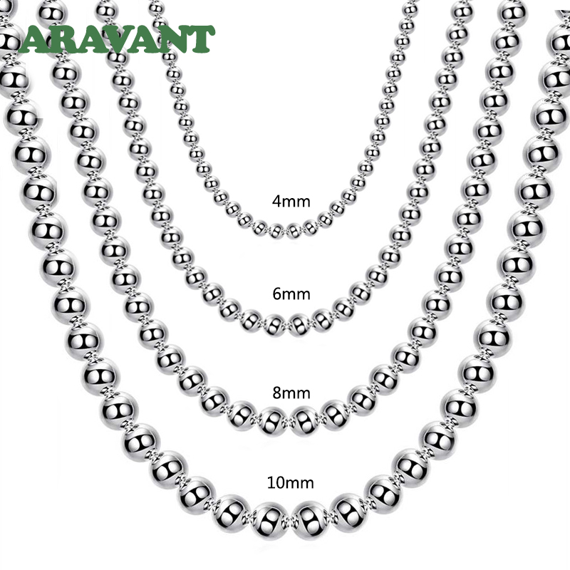 Aravant kalung rantai manik-manik Pria Wanita, 925 perak 4MM/6MM/8MM/10MM perhiasan mode