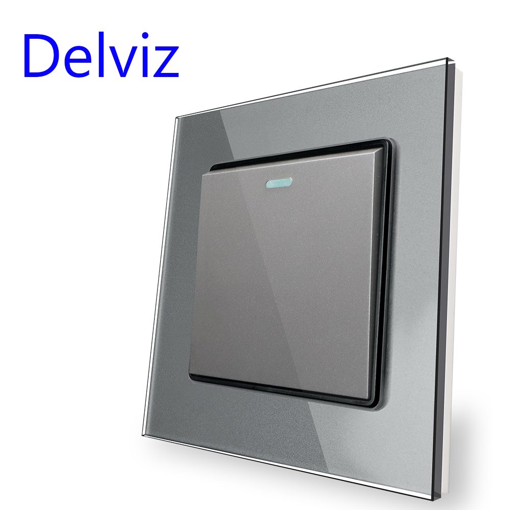 Delviz Gehärtetem Glas Schalter, Grau Kristall Panel 16A Wand Steckdose, AC 110V-250V 86mm * 86mm, 1 Gang 2 Möglichkeit Push Button Schalter