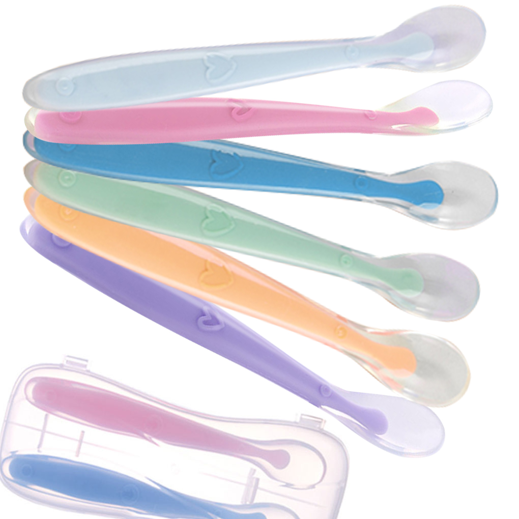 Colher macia do silicone do bebê, treinamento de alimentação colheres para crianças, bebês, temperatura sensing