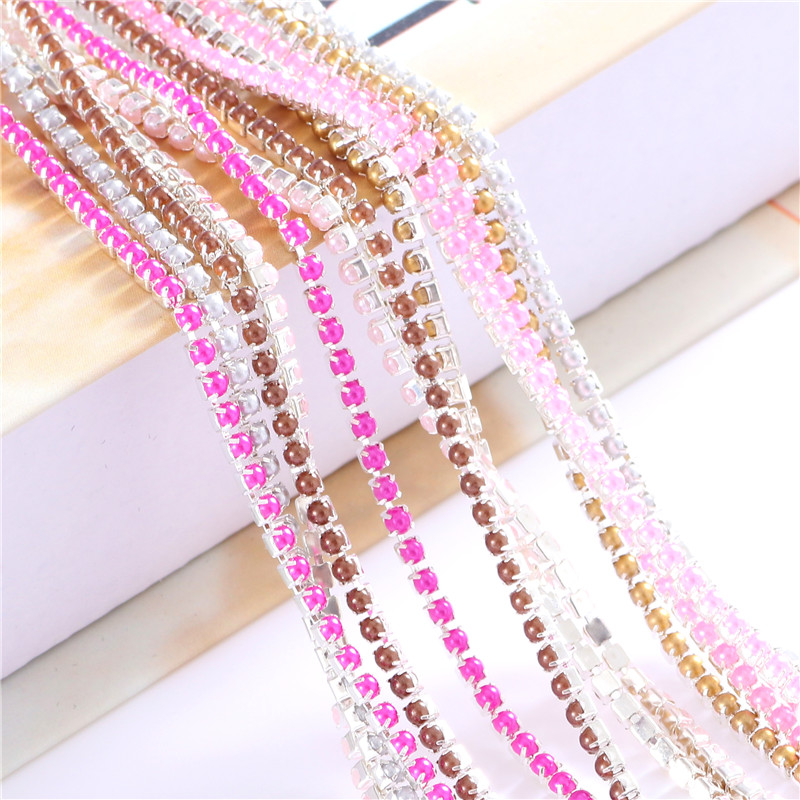 2mm cristal pérola strass corrente base de prata copo pérola corrente para costura diy acessórios de vestuário guarnição