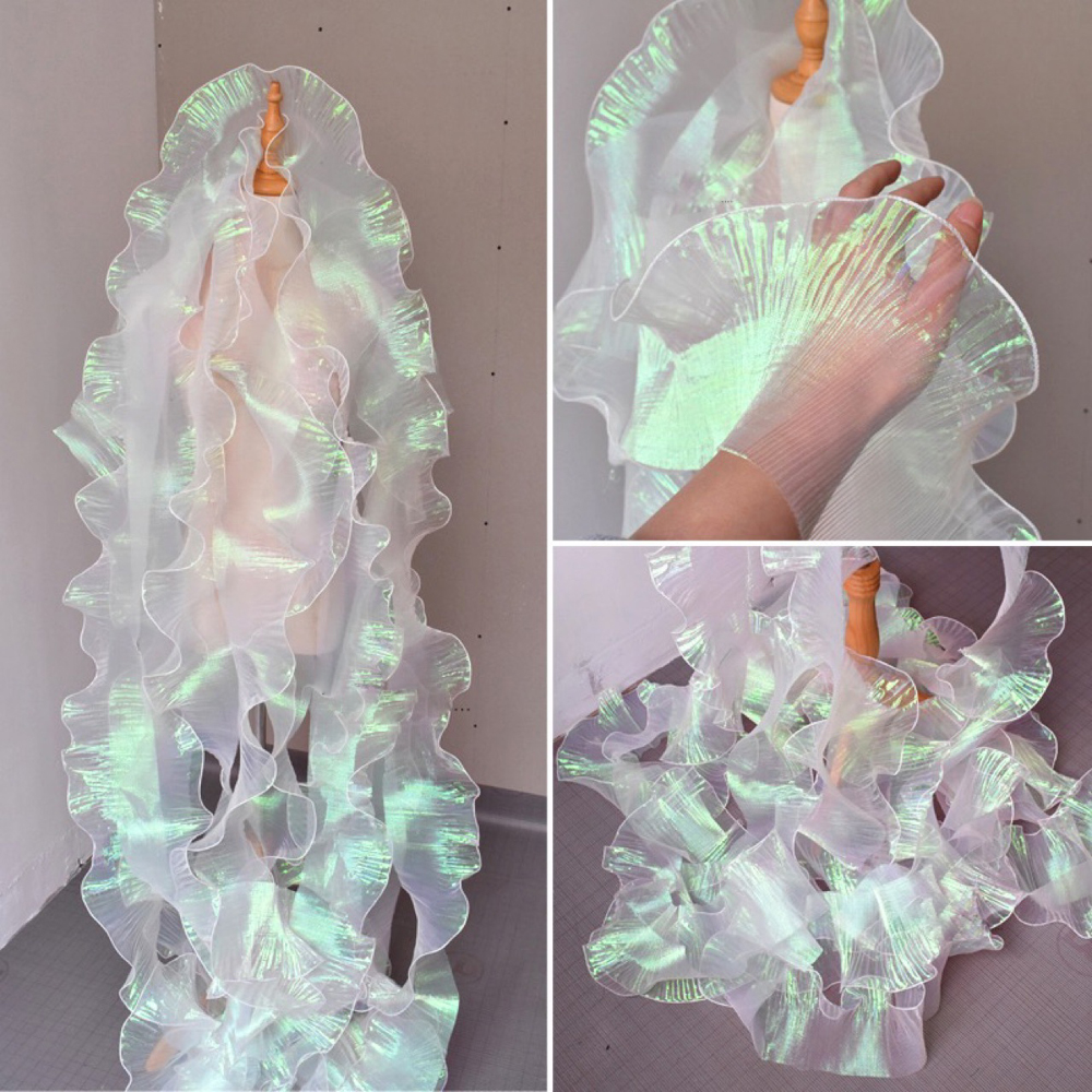 1 yarda de encaje de flores plisado de sirena, Color mágico, gradiente láser para boda, decoración de rayas onduladas, tela ancha de 15CM