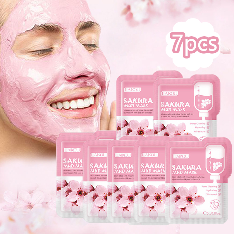 LAIKOU 7 uds Japón Sakura mascarilla facial de barro blanqueador de limpieza hidratante Control de aceite paquetes de mascarilla de arcilla antienvejecimiento cuidado de la piel facial
