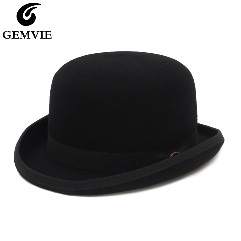 Gemvie 100% lã feltro derby bowler chapéu para homens mulheres cetim forrado moda festa formal fedora traje mágico chapéu