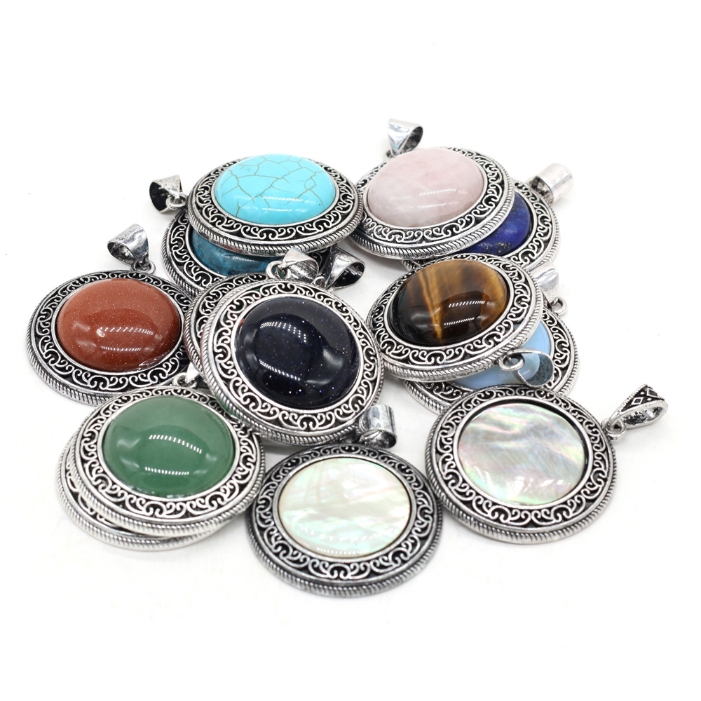 Round Natural Stone Abalone Shell Charms, Lapis Lazuli, Tiger Eye Pendant para Fazer Jóias, Acessórios Colar DIY, Tamanho 38x42mm