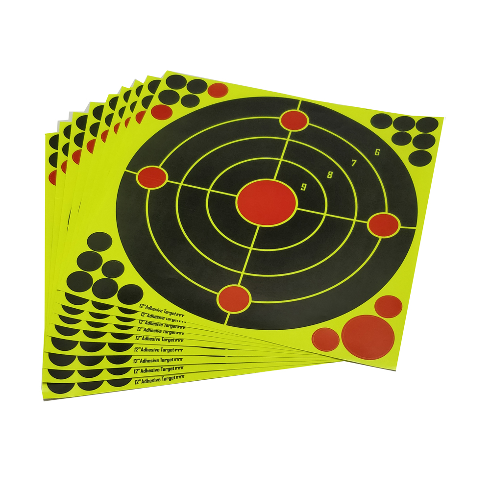 12 "X 12" autoadesivo respingo e reativo (impacto de cor) alvos de adesivo de tiro (ponto vermelho central + cruz) 10 unidades/pacote