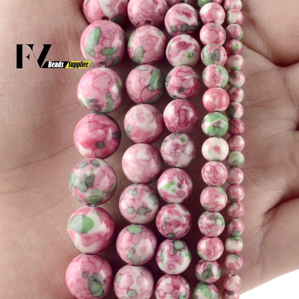 Natural rosa vermelho verde manchado chuva flor contas para fazer jóias diy pulseiras 4/6/8/10/12mm redondo solto espaçador contas de pedra