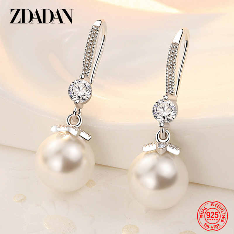 ZDADAN 925 Sterling Silver 8mm/10mm/12mm/14mm Long Pearl Dangle Earrings For Women Engagement Wedding Fashion Jewelry
