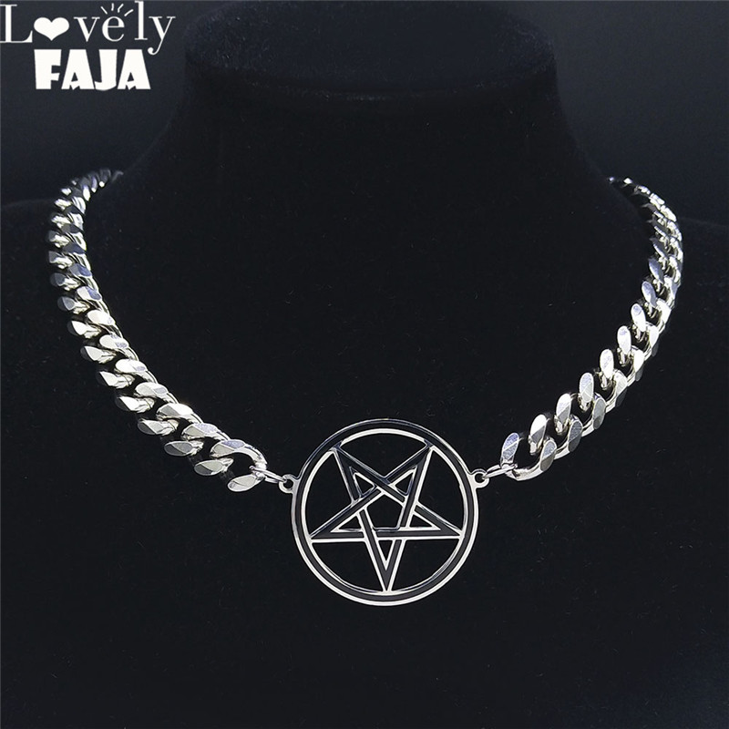 Kalung Pentagram Punk Pentagram terbalik untuk pria rantai klavikula Kuba Choker baja tahan karat kalung setan perhiasan