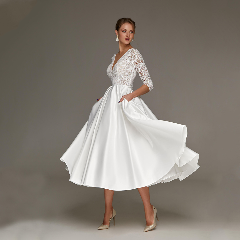 Vestido De novia De satén largo hasta el té, línea A, manga 3/4, encaje, Blanco Simple, Vestido De novia corto Civil, bata De boda personalizada De talla grande