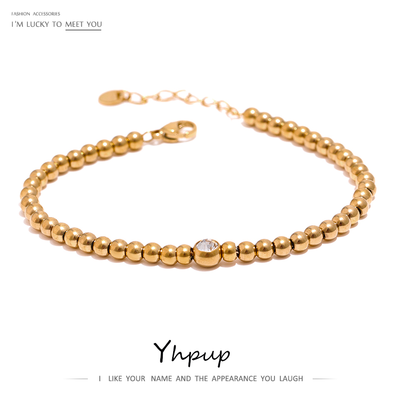 Yhpup Roestvrij stalen kralenketting Bangle Armband Zirkonia Sieraden Trendy Gouden Metalen Waterdichte Armband бра humbты