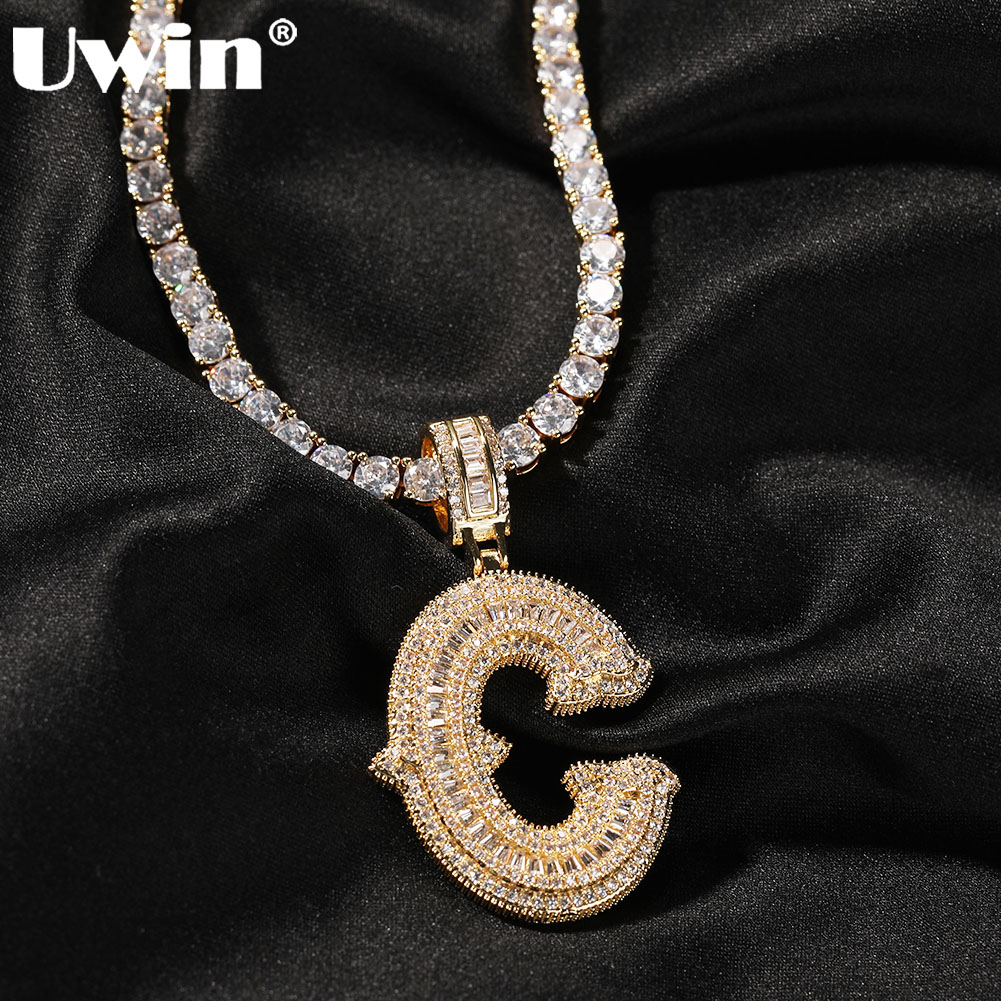 UWIN-collar con colgante de letra inicial para hombre y mujer, abalorios de circón baguettecz helado con cadena de tenis, joyería de Hip Hop para regalo