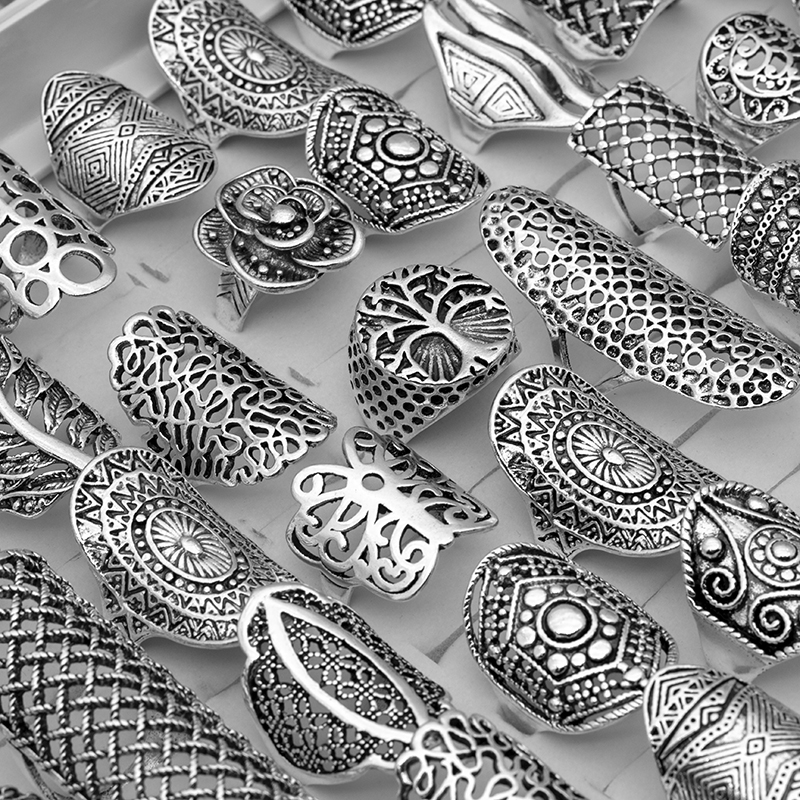 Bagues de bijoux plaquées argent pour femmes, 20 pièces/lot, Style mixte, Vintage, fleur sculptée, taille 17mm à 21mm, vente en gros