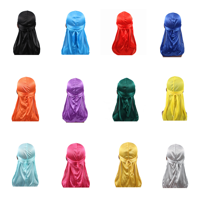 Unisex ผู้หญิงผู้ชายผ้าไหม Durag Turban หมวกวิกผม BIKER Headwear แถบคาดศีรษะอุปกรณ์เสริมผมยาวสายรัดหางผ้าพันคอ Silky Durags
