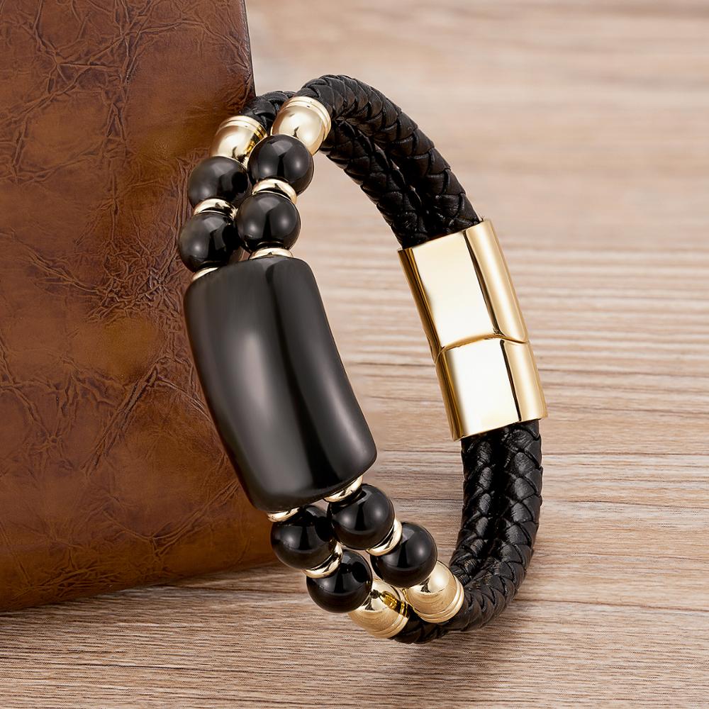 Bracelet en cuir véritable pour hommes, bijoux, perles œil de tigre, breloque, fermoirs magnétiques en acier inoxydable, cadeaux de poignet, 2020