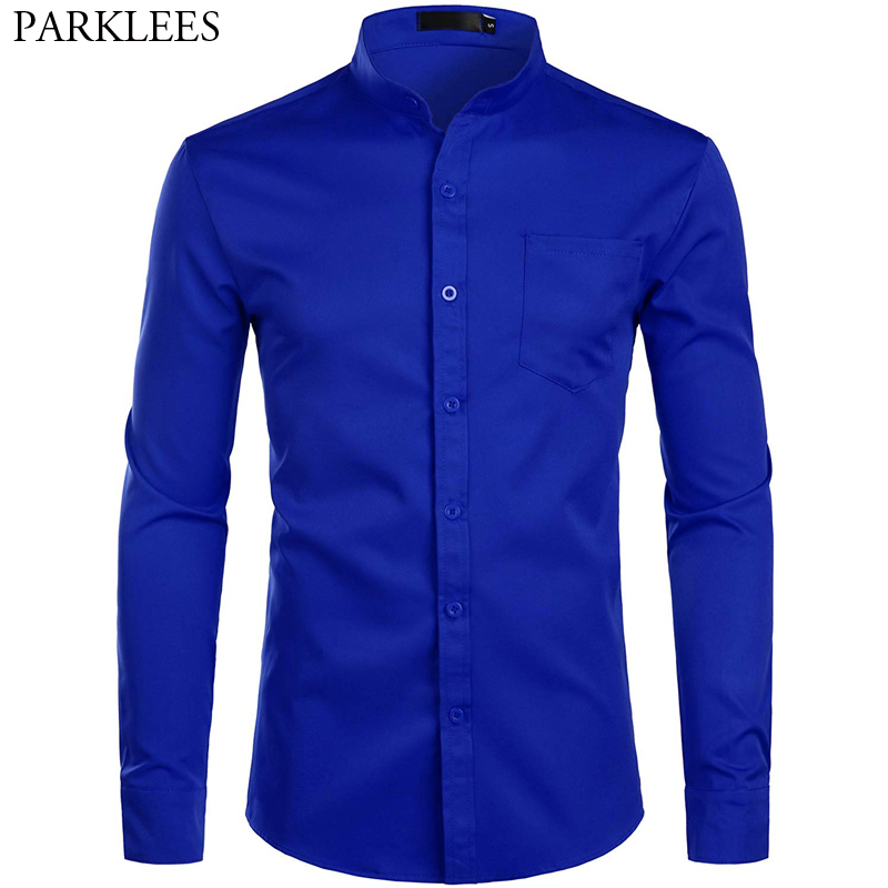 Camisas de vestir azules reales para hombre, camisa con cuello mandarín y bandas de marca, camisa informal de manga larga con botones y bolsillo 2XL 2022