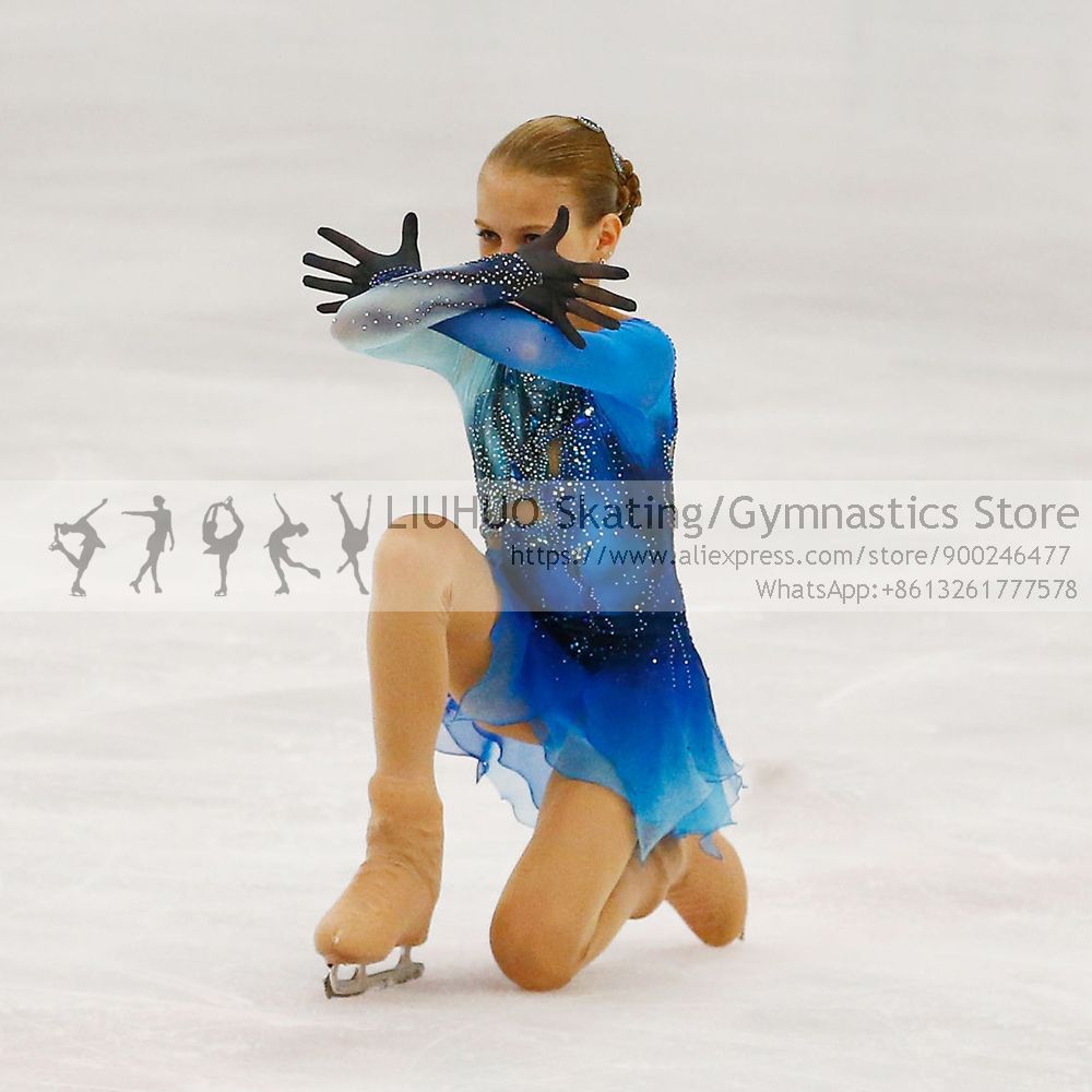 LIUHUO robe de patinage sur glace filles bleu Spandex jupe de skate adolescents robe de patinage artistique costumes de danse pour les femmes BD934