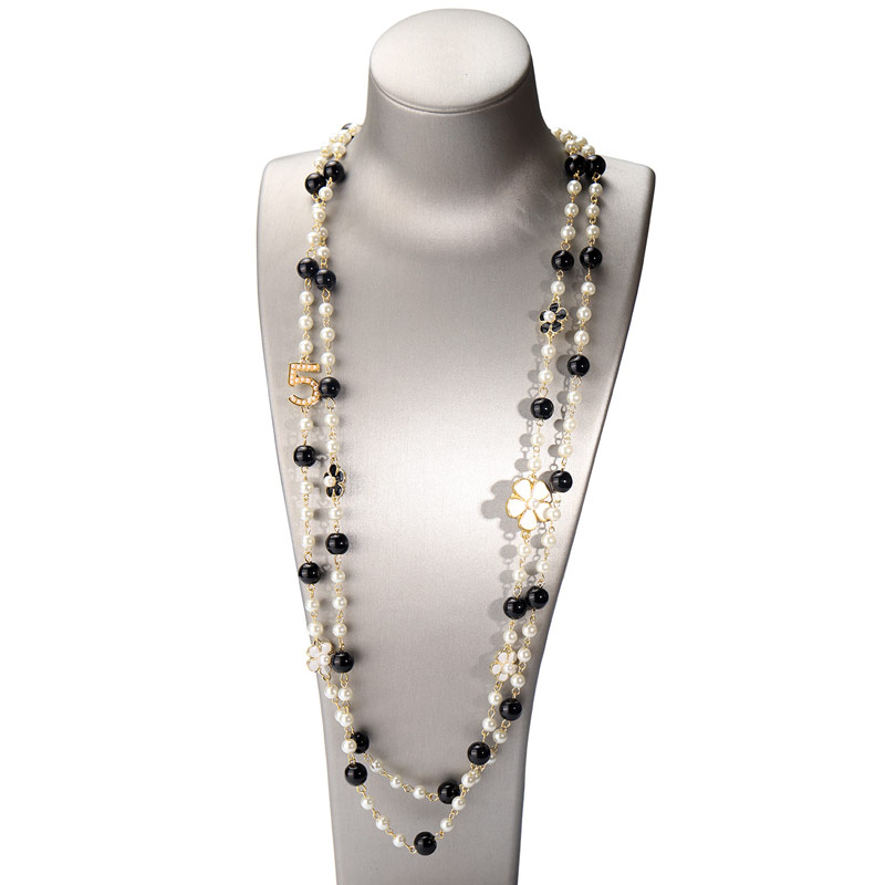 Luxe merkontwerp nummer 5, lange parelketting camelia dubbellaags trui ketting vrouw feestsieraden