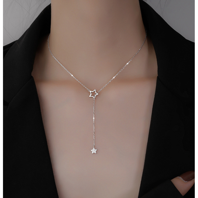 Hadiah natal 925 perak murni lucu bintang mengkilap Choker Drop Charm Kalung menawan wanita pesta pernikahan perhiasan ulang tahun