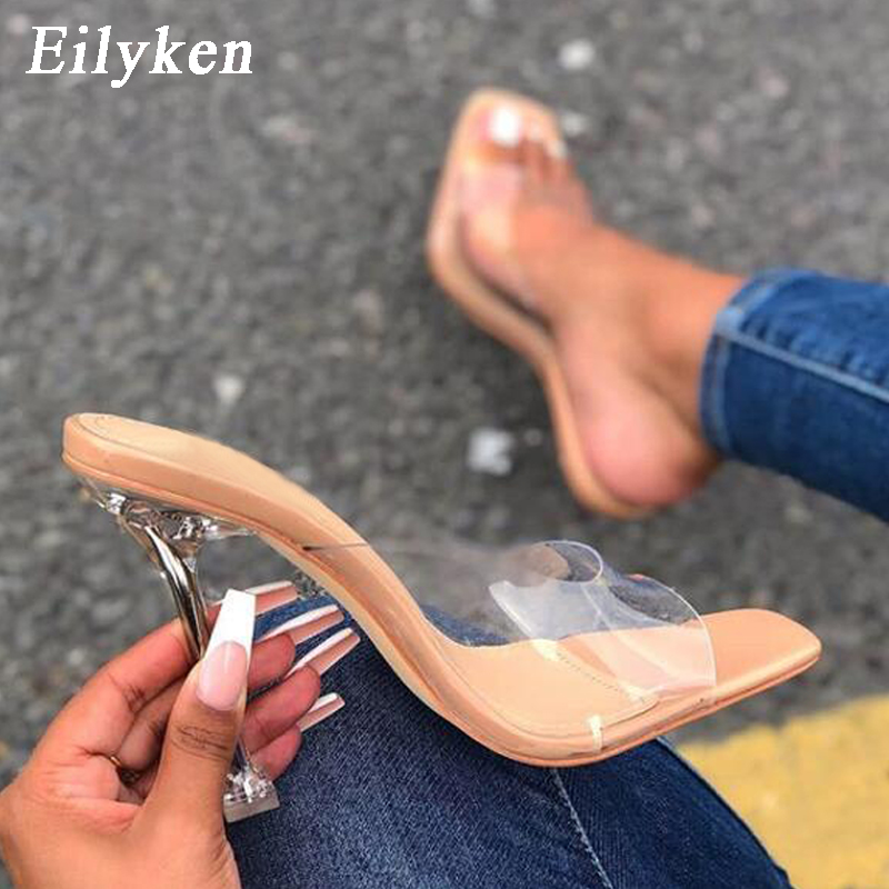 Eilyken прозрачные тапочки из ПВХ с открытым носком из плексигласа, прозрачные женские туфли-лодочки на тонком каблуке с кристаллами, сандалии, размер 35-42