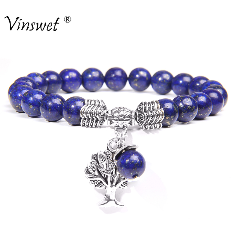 Mężczyźni Naturalny Lapis Lazuli Kamień Koraliki Bransoletka Drzewo Życia Urok Bransoletka Kobiety Moda Regulowany Warkocz Pulsera Biżuteria dla par