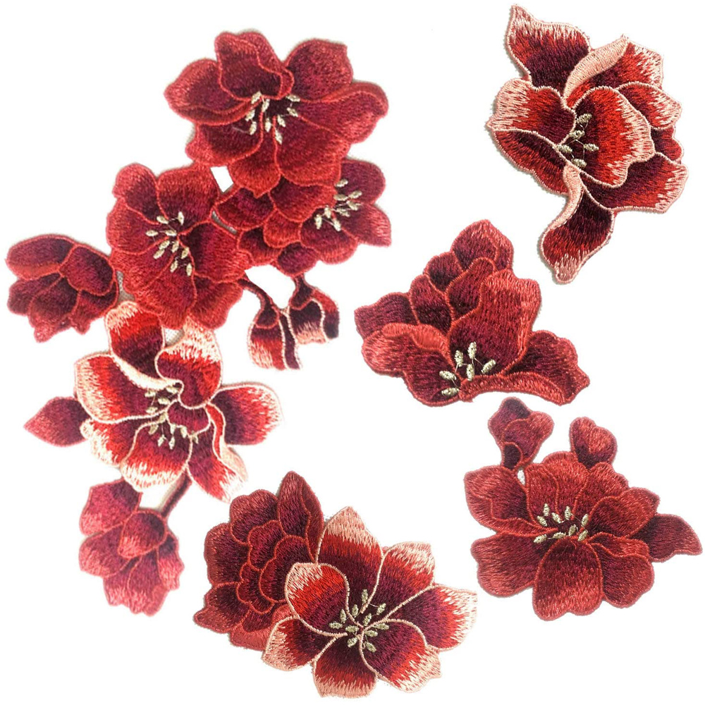 สีแดง Plum Blossom ดอกไม้เย็บปักถักร้อยแพทช์สติกเกอร์ผ้า Applique เสื้อผ้าเย็บบน Patch Craft เย็บซ่อม 5 ชิ้น