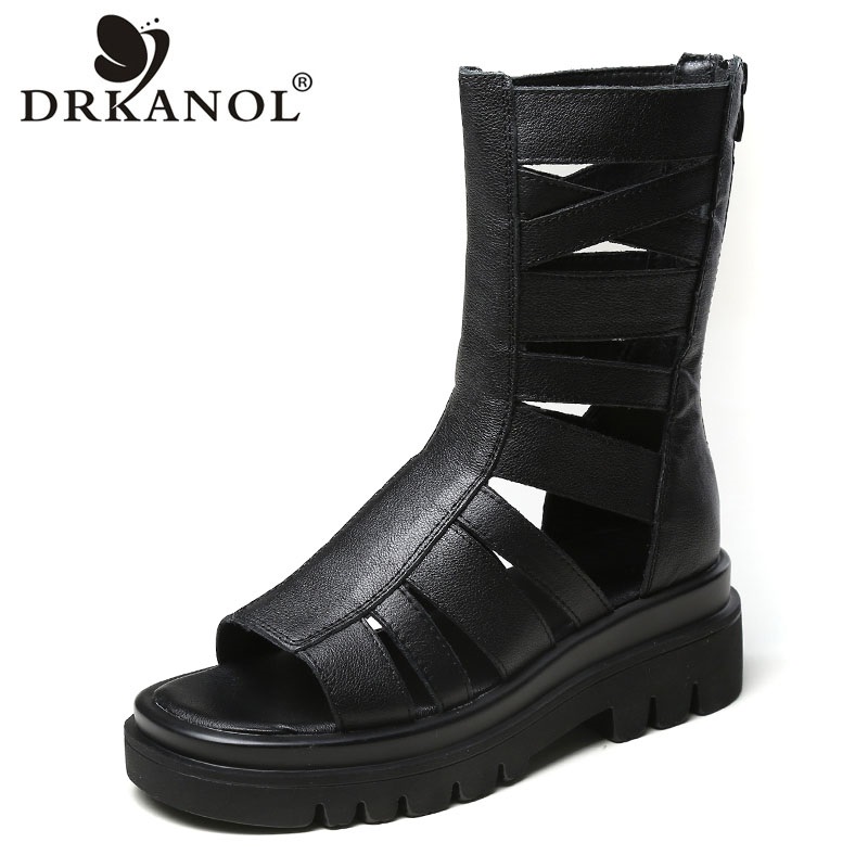DRKANOL Brand 2026 Women Sandals Open Toe Genuine Leather Back Zipper Wedges Platform Gladiator Sandals Women Summer Cool Boots