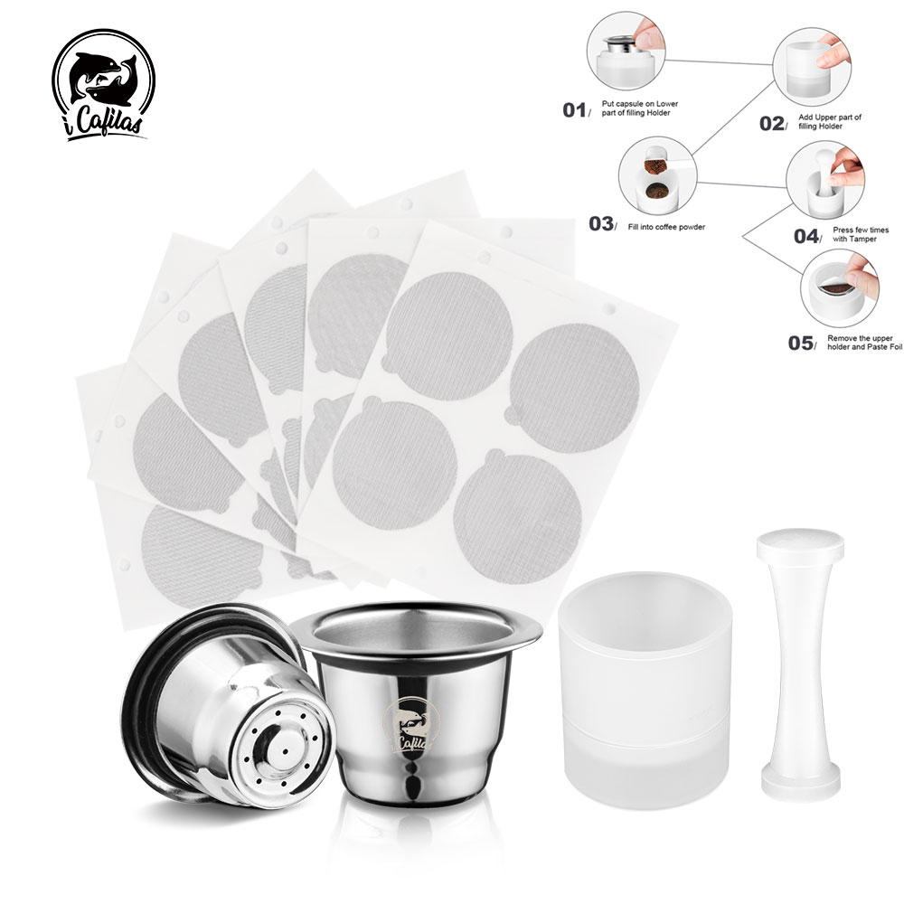 Icafila Pod kapsul kopi, dapat digunakan kembali untuk Nespresso Stainless Steel Espresso crem penyaring kopi aluminium foil tutup Tamper dosis