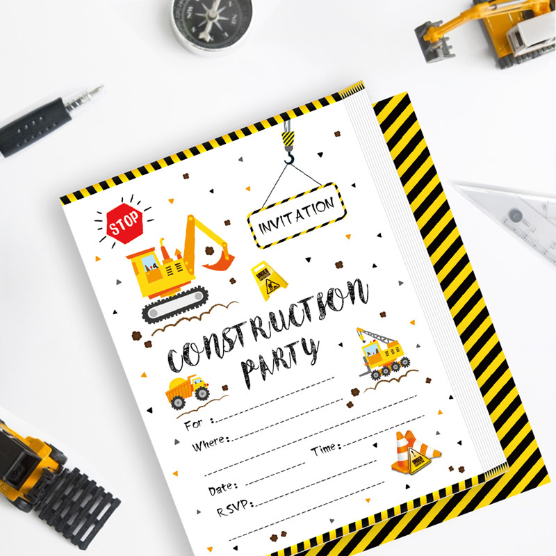 Tarjetas de invitaciones de cumpleaños para niños, decoración de construcción, excavadora, coche, recuerdos de fiesta, suministros para fiesta de bebé, 10 piezas