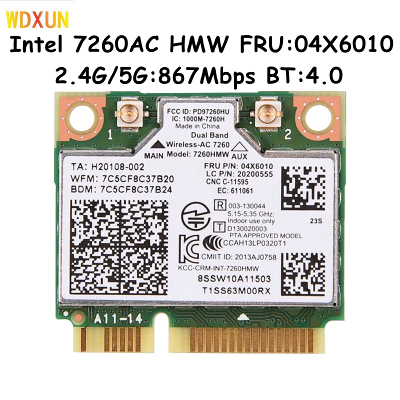 Tarjeta inalámbrica Intel 7260 7260ac 7260HMW 802.11ac Mini PCI-E Wifi BT4.0 de doble banda 867M para Lenovo IBM Thinkpad 04X6090 04X6010