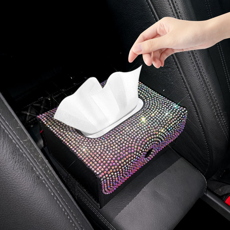 Tempat Handuk Kertas Berlian Imitasi Mobil Tempat Tisu Belakang Tempat Duduk Pelindung Mobil Kristal Kulit PU Kotak Tisu Mewah Dekor Mobil untuk Anak Perempuan