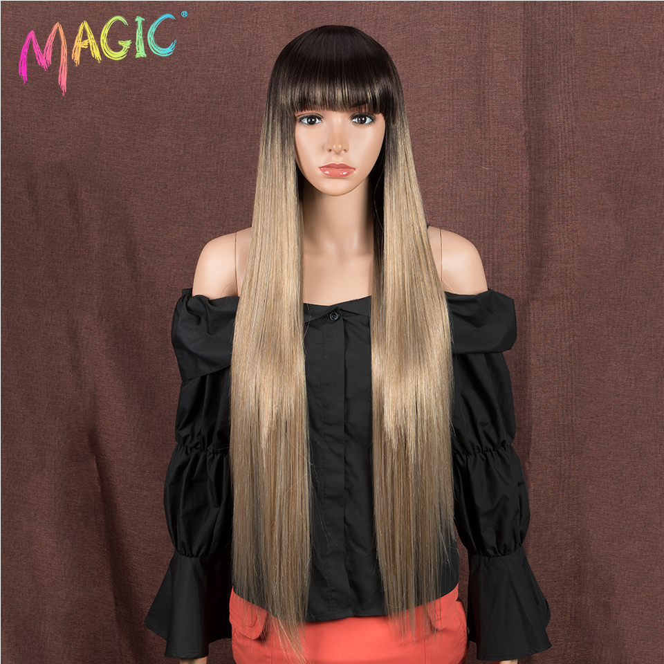 Perruque synthétique magique longue et lisse de 34 pouces avec frange, faux cheveux ombrés noirs et bruns pour femmes noires, résistants à la chaleur, usage quotidien