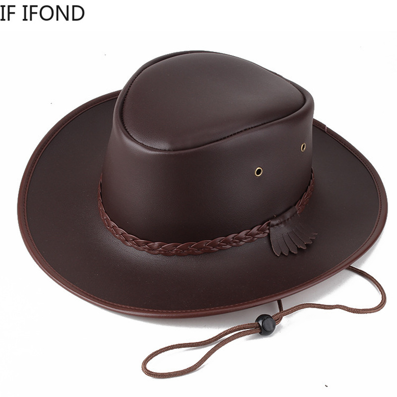 Wysokiej jakości mężczyzna zachodni kapelusz kowbojski 2021 Faux Leather Gentleman Jazz czapka Vintage jesień zima Sombrero Hombre czapki