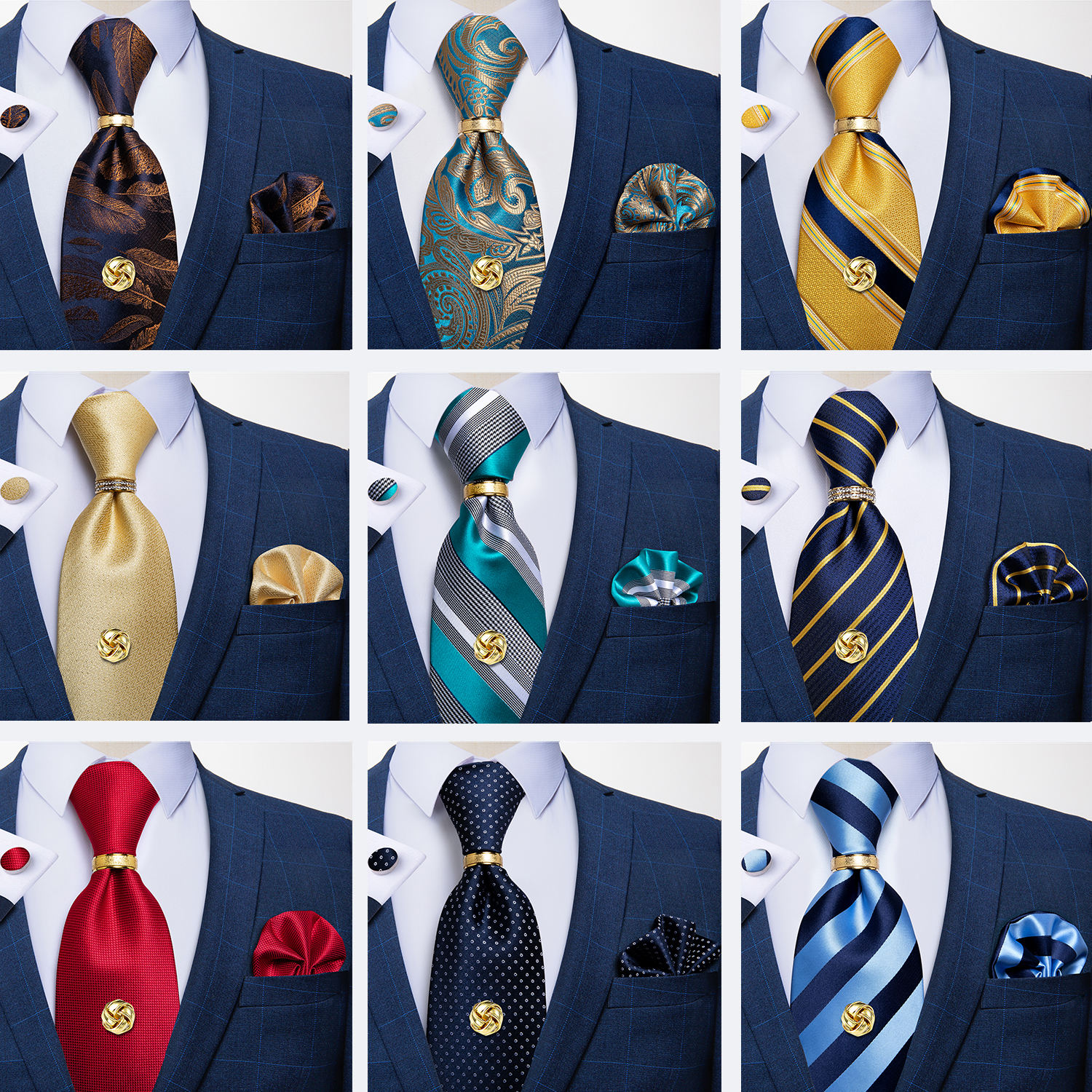 Ensemble de matiques tissées Jacquard pour hommes, bleu marine, rayures dorées, affaires, présidence formelle, cravate, mouchoir, mancommuniste, mariage, DiBanGu